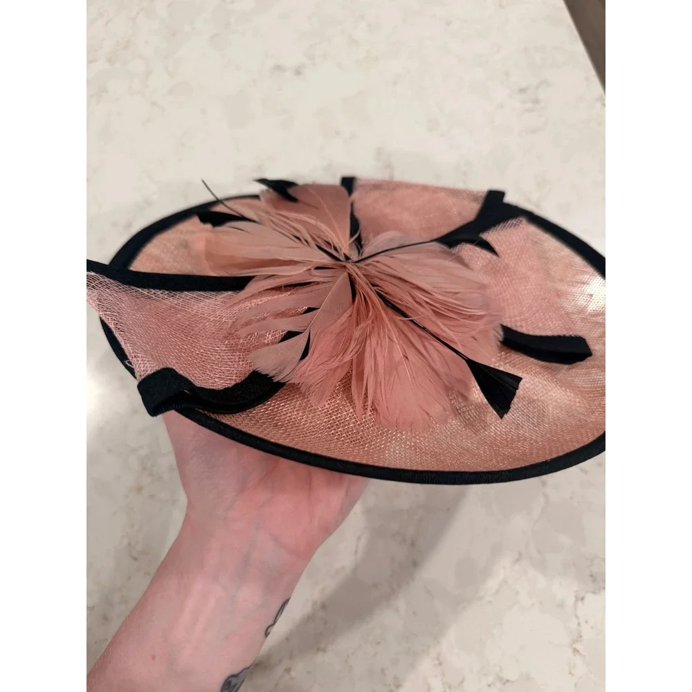 Blush Pink‎ Sinamay Fascinator Hat Black Trim Feather Detail Wedding Derby Clip